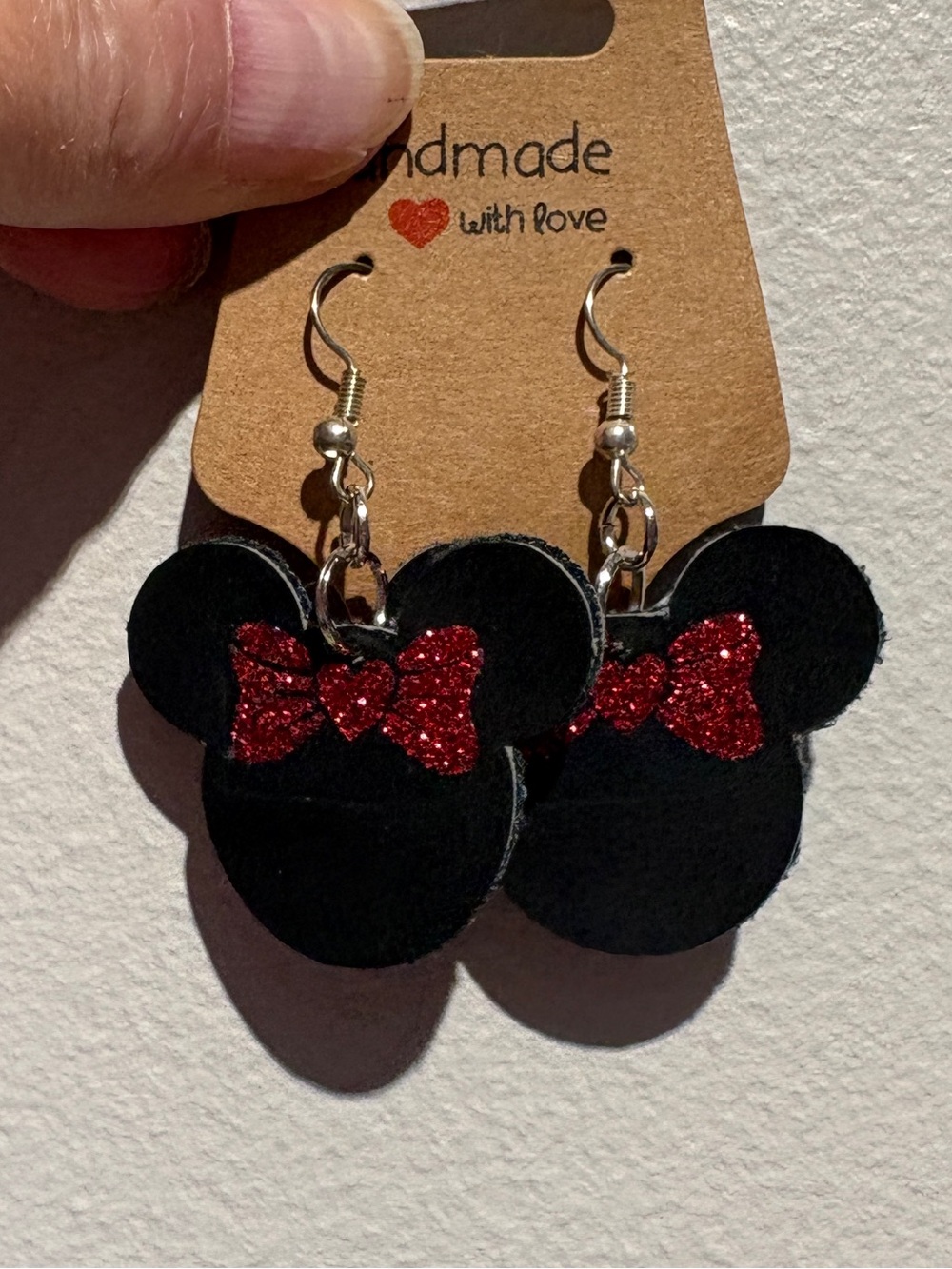 (2/$30) Handmade Kids Minnie Mouse Earrings in Black Suede with Glitter Red Bow